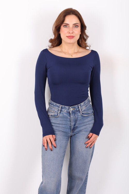 Kayık Yaka Uzun Kol Lacivert Kadın Çıtçıtlı Body - 6