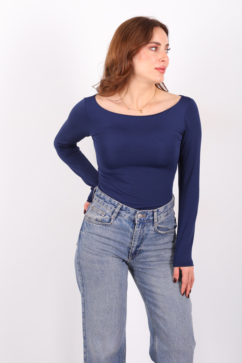 Kayık Yaka Uzun Kol Lacivert Kadın Çıtçıtlı Body - 4