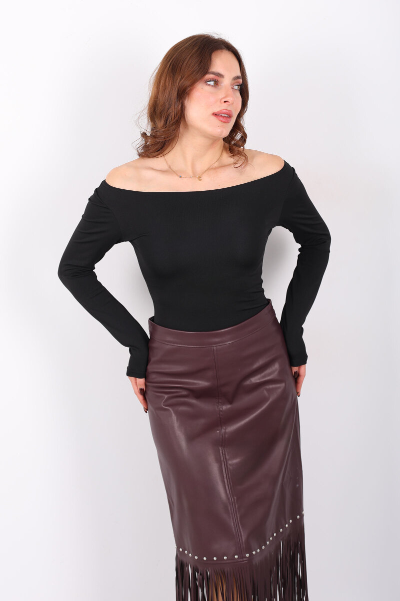 Kayık Yaka Uzun Kol Siyah Kadın Çıtçıtlı Body - 3