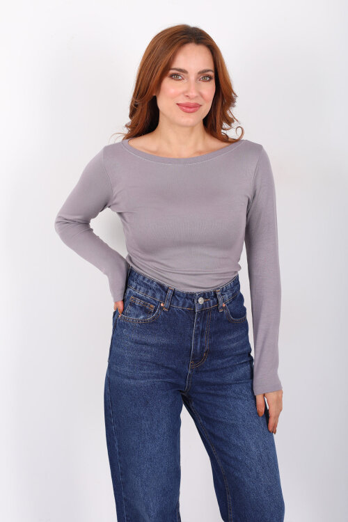 Kayık Yaka Vizon Kadın Basic Bluz - 3