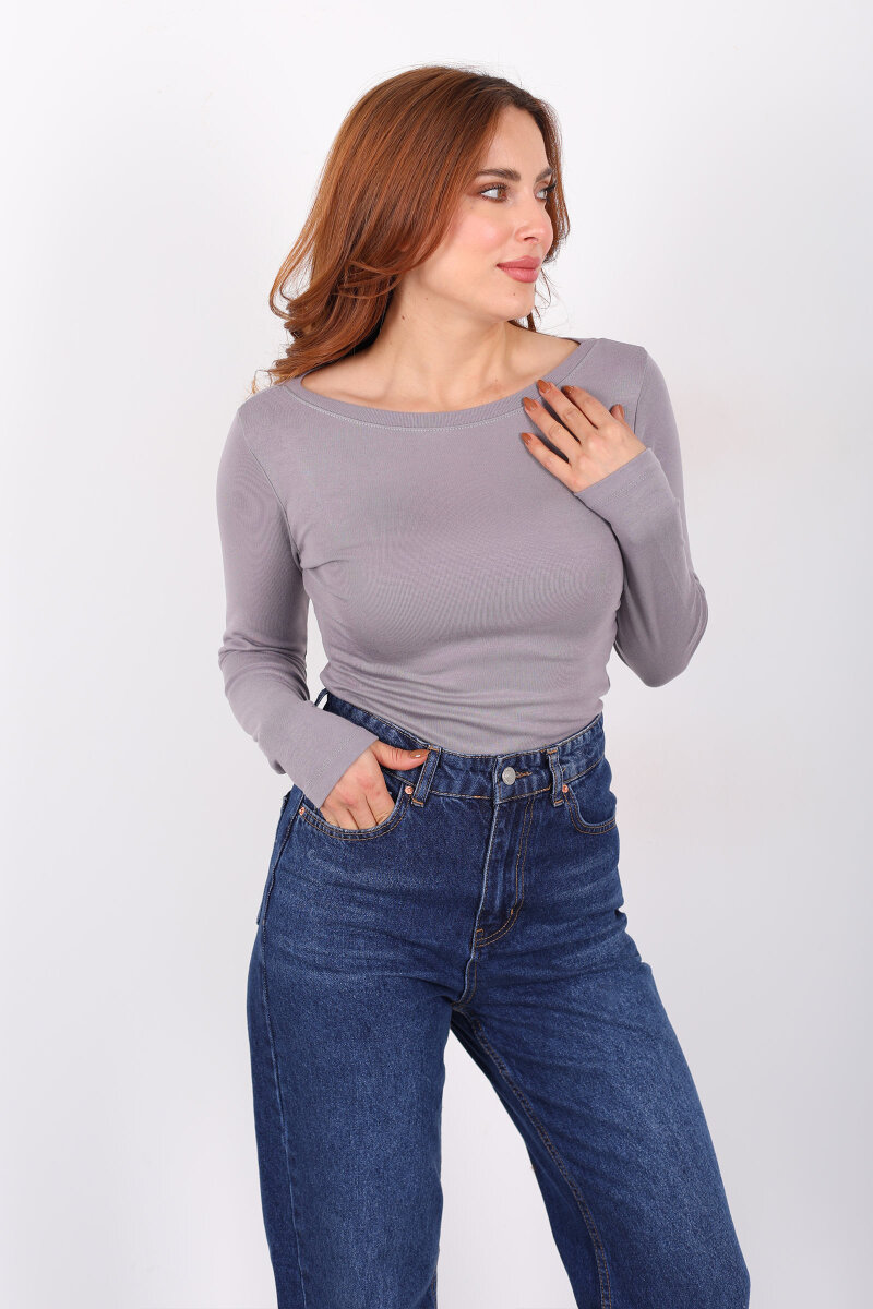 Kayık Yaka Vizon Kadın Basic Bluz - 1