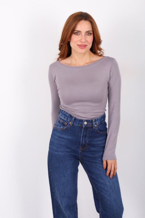 Kayık Yaka Vizon Kadın Basic Bluz - 5