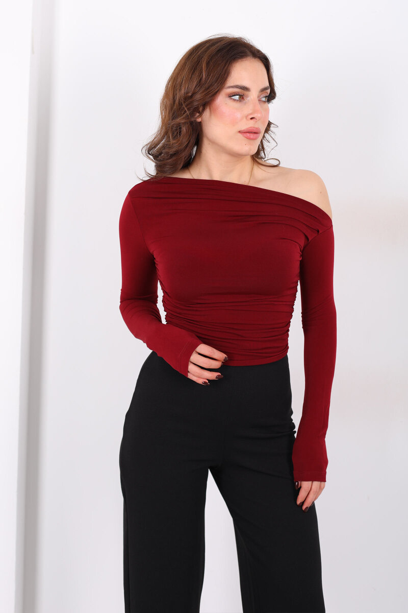 Kayık Yaka Yanları Büzgülü Bordo Kadın Sandy Bluz - 1