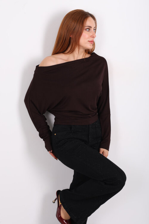 Kayık Yaka Yarasa Kol Acı Kahve Kadın Bluz - 3