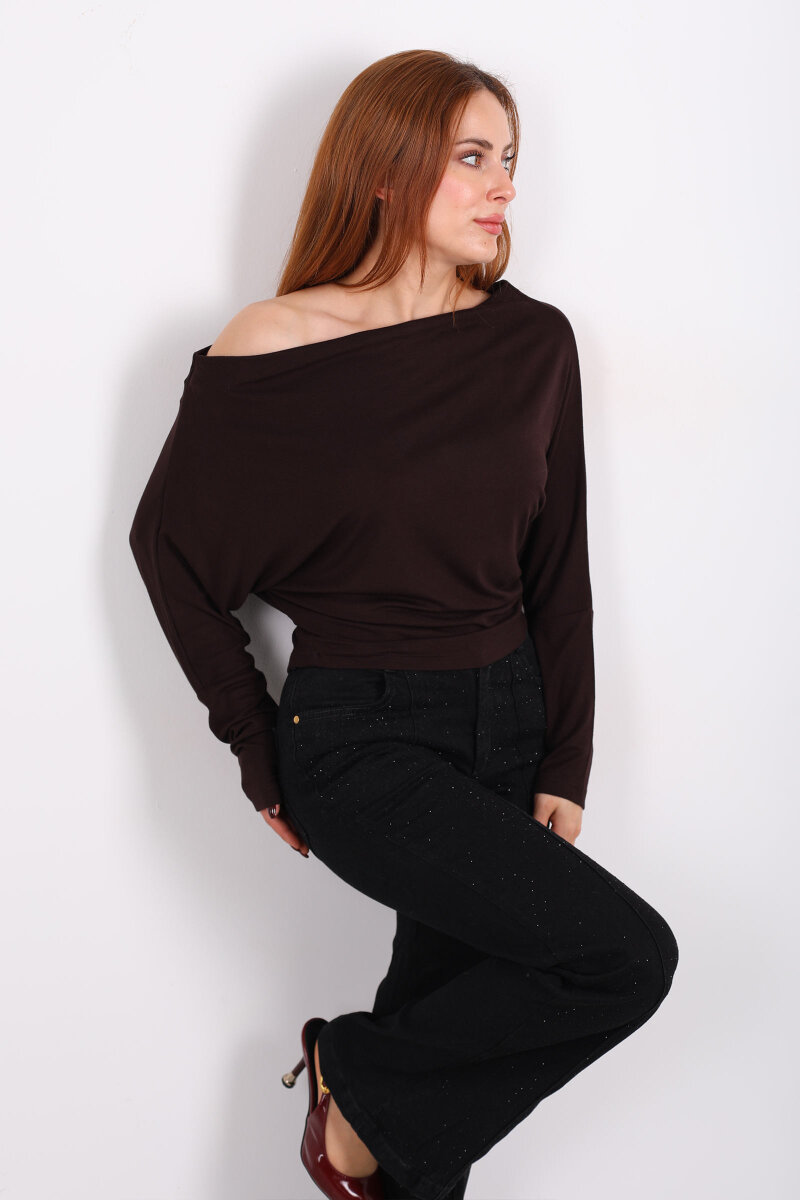 Kayık Yaka Yarasa Kol Acı Kahve Kadın Bluz - 3