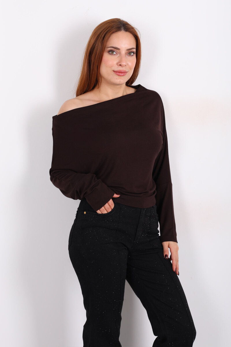 Kayık Yaka Yarasa Kol Acı Kahve Kadın Bluz - 5