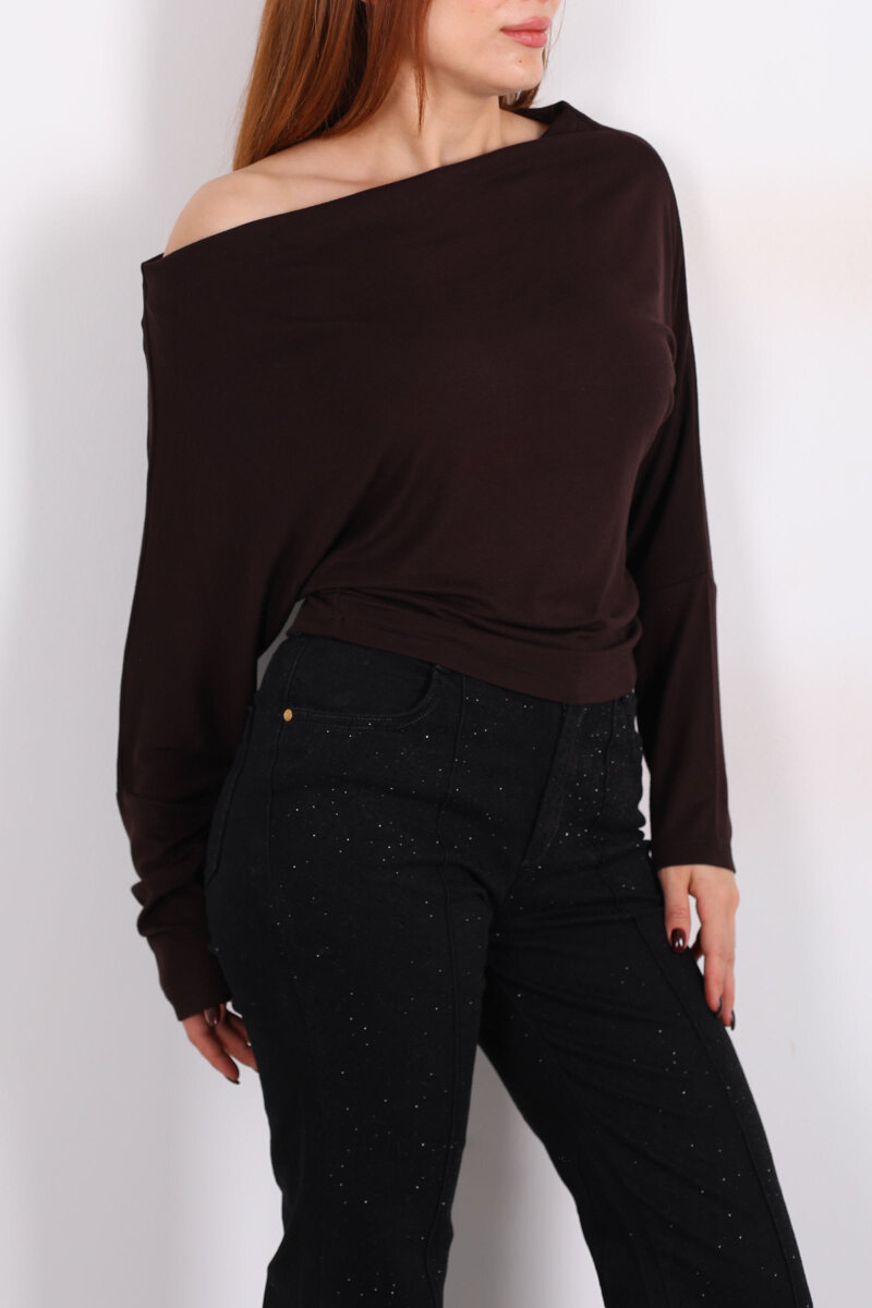 Kayık Yaka Yarasa Kol Acı Kahve Kadın Bluz - 2