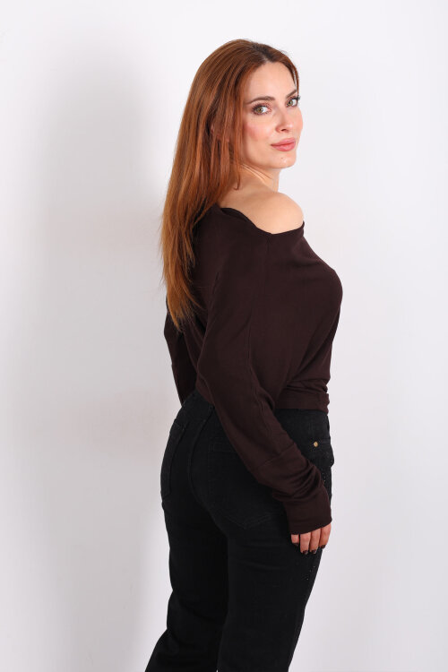 Kayık Yaka Yarasa Kol Acı Kahve Kadın Bluz - 4