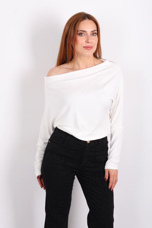 Kayık Yaka Yarasa Kol Ekru Kadın Bluz - 6