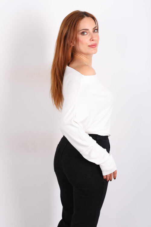 Kayık Yaka Yarasa Kol Ekru Kadın Bluz - 5