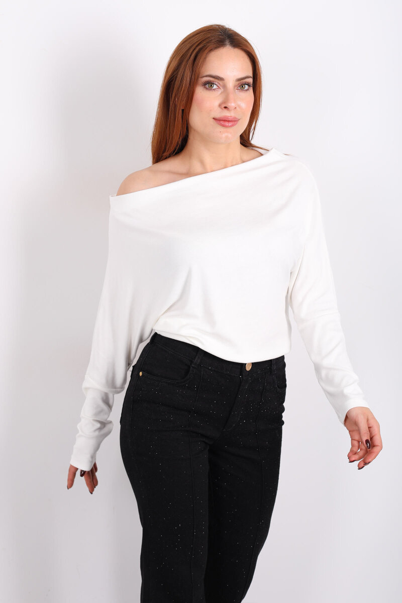 Kayık Yaka Yarasa Kol Ekru Kadın Bluz - 4