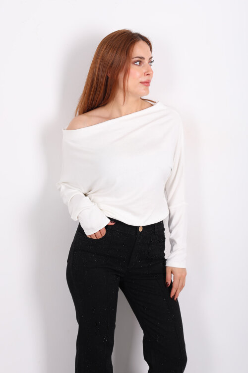 Kayık Yaka Yarasa Kol Ekru Kadın Bluz - 3