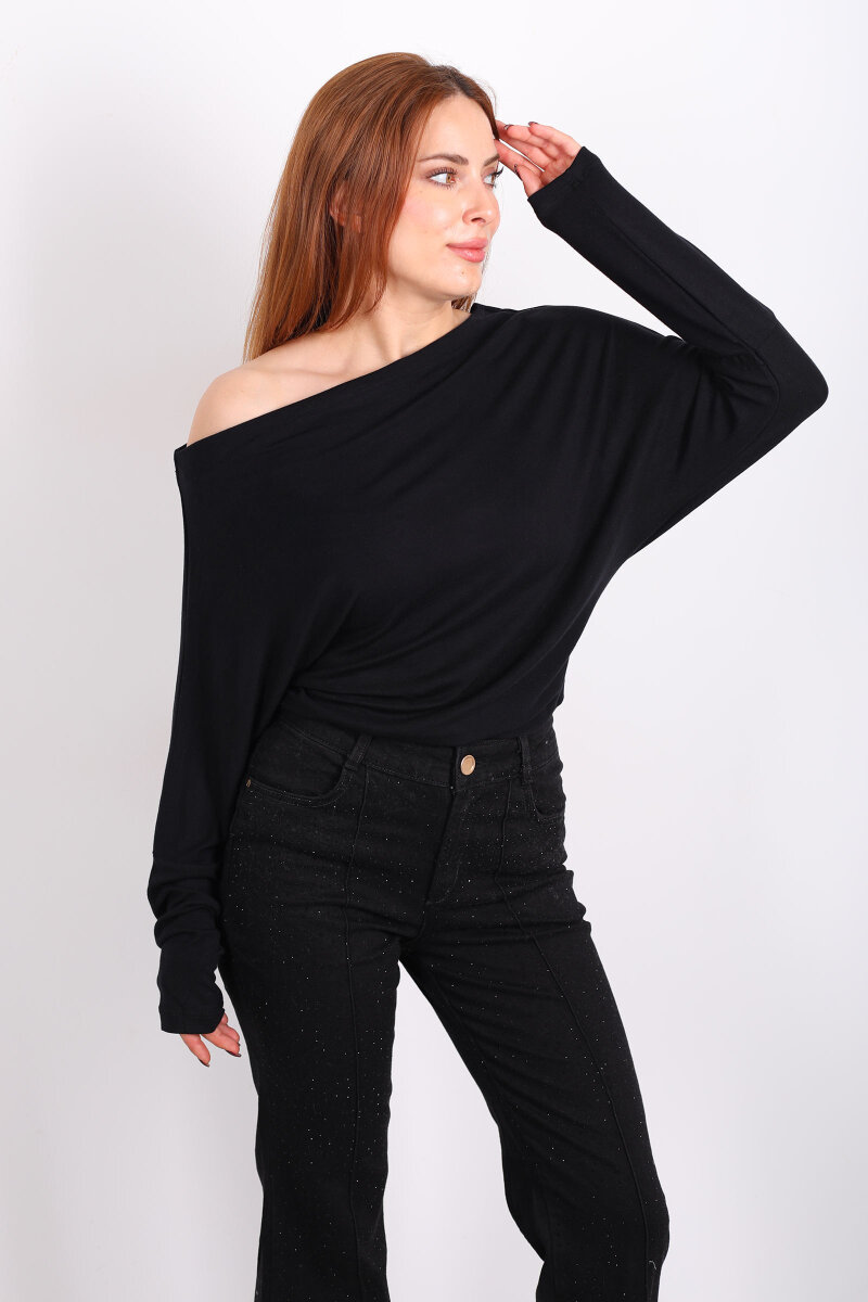 Kayık Yaka Yarasa Kol Siyah Kadın Bluz - 4