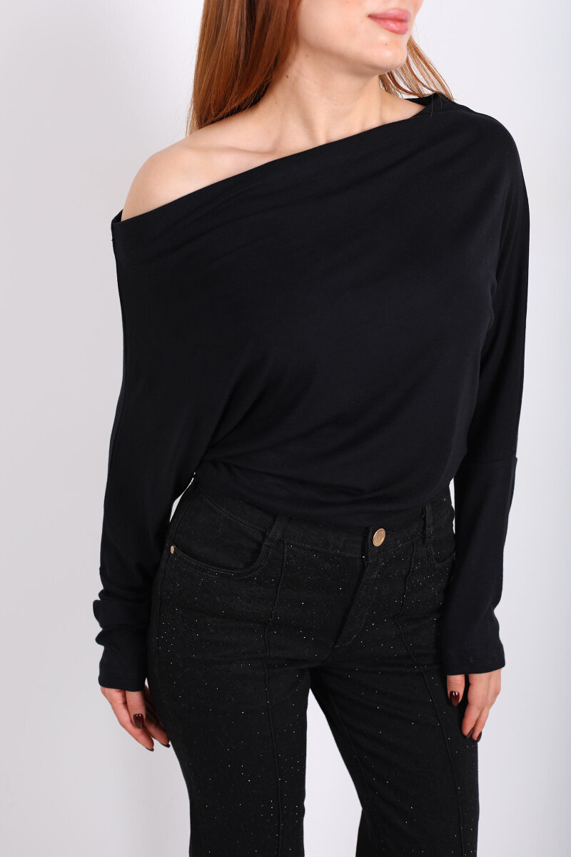 Kayık Yaka Yarasa Kol Siyah Kadın Bluz - 2