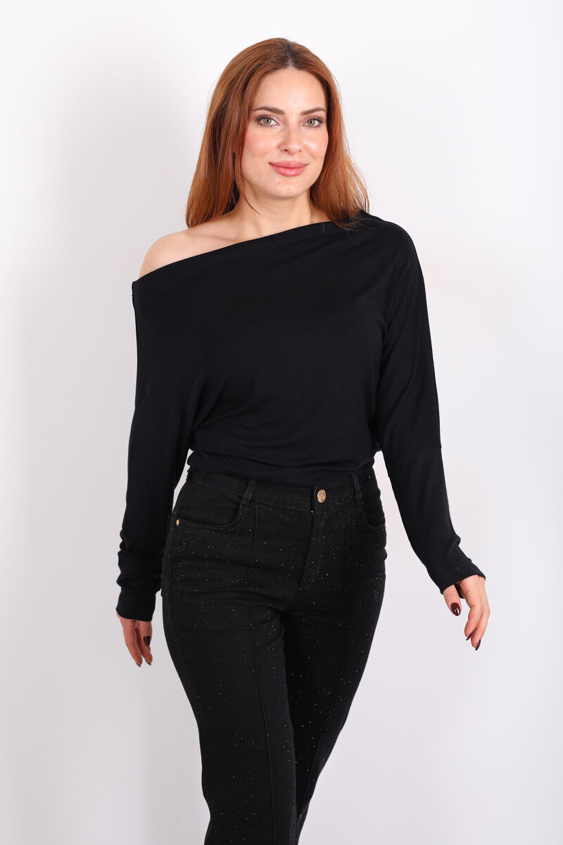 Kayık Yaka Yarasa Kol Siyah Kadın Bluz - 6