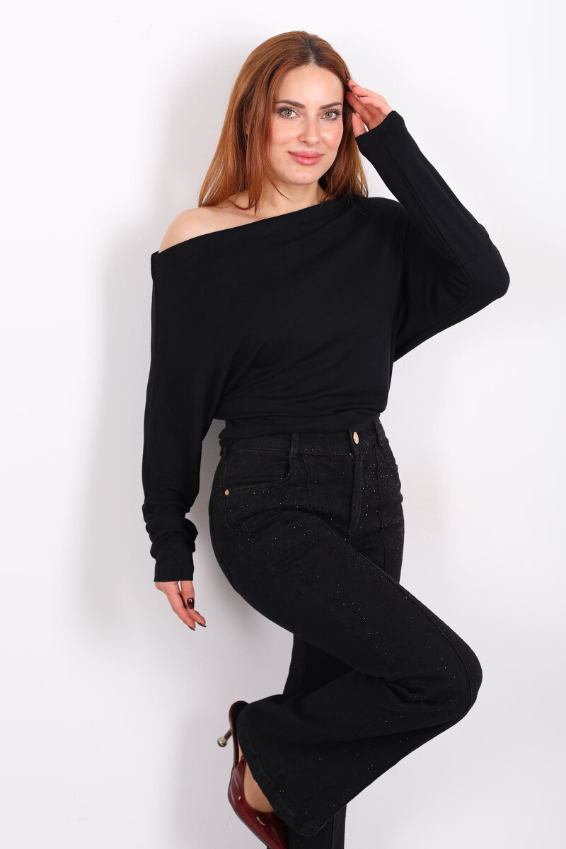 Kayık Yaka Yarasa Kol Siyah Kadın Bluz - 1