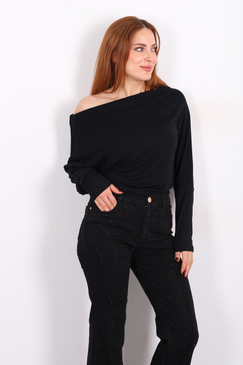 Kayık Yaka Yarasa Kol Siyah Kadın Bluz - 3