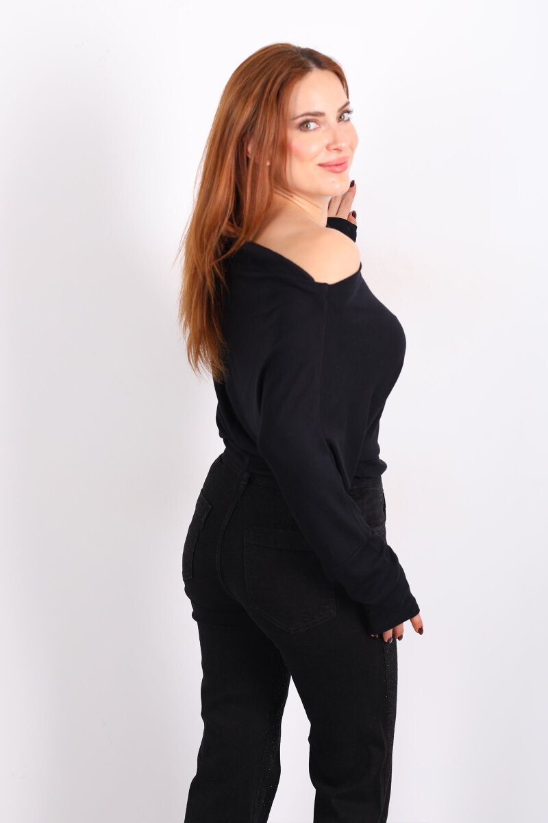 Kayık Yaka Yarasa Kol Siyah Kadın Bluz - 5