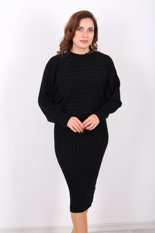 Kazak - Elbise Midi Siyah Kadın Triko Takım - 4