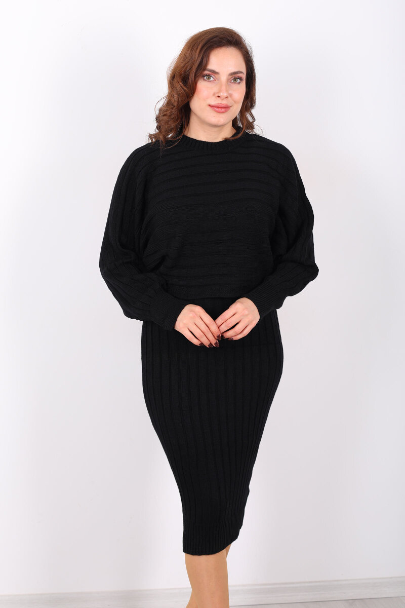 Kazak - Elbise Midi Siyah Kadın Triko Takım - 4