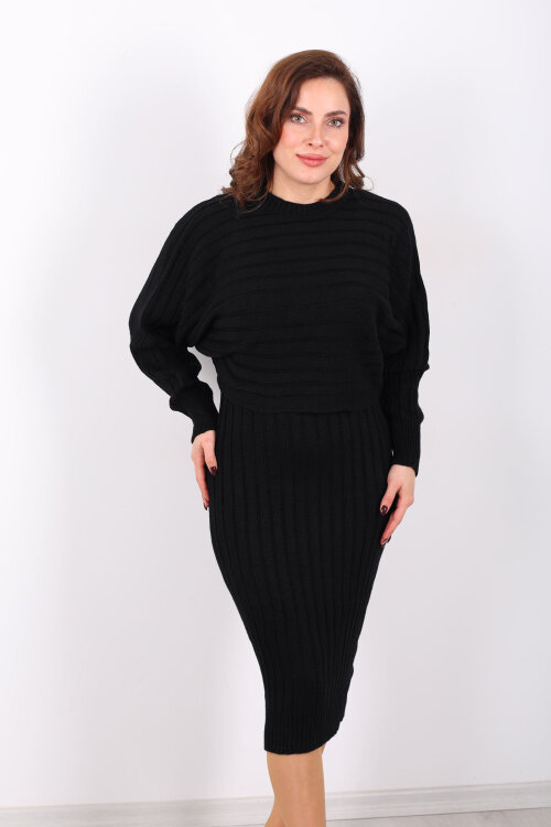 Kazak - Elbise Midi Siyah Kadın Triko Takım - 6