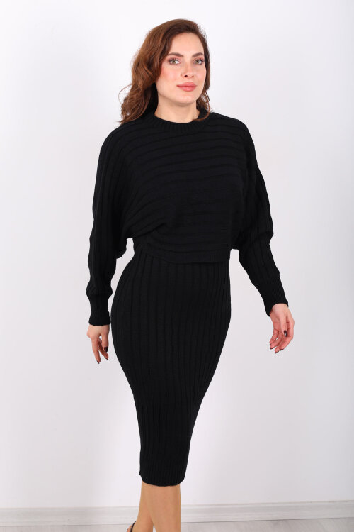 Kazak - Elbise Midi Siyah Kadın Triko Takım - Berox