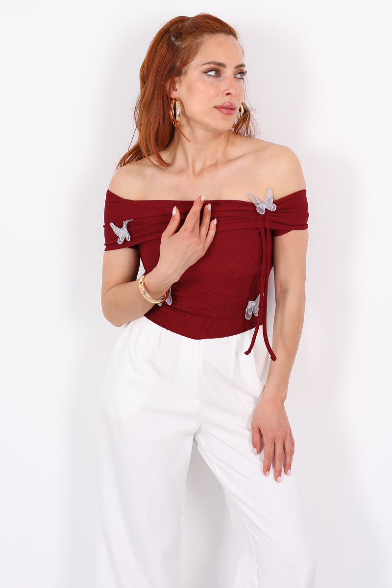 Kelebek Detaylı Madonna Yaka Kısa Kol Büzgülü Bordo Kadın Crop - 4