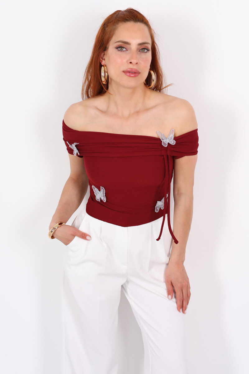 Kelebek Detaylı Madonna Yaka Kısa Kol Büzgülü Bordo Kadın Crop - 5