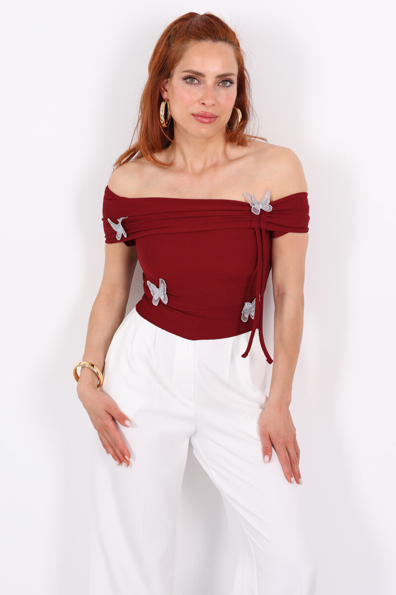 Kelebek Detaylı Madonna Yaka Kısa Kol Büzgülü Bordo Kadın Crop - 1