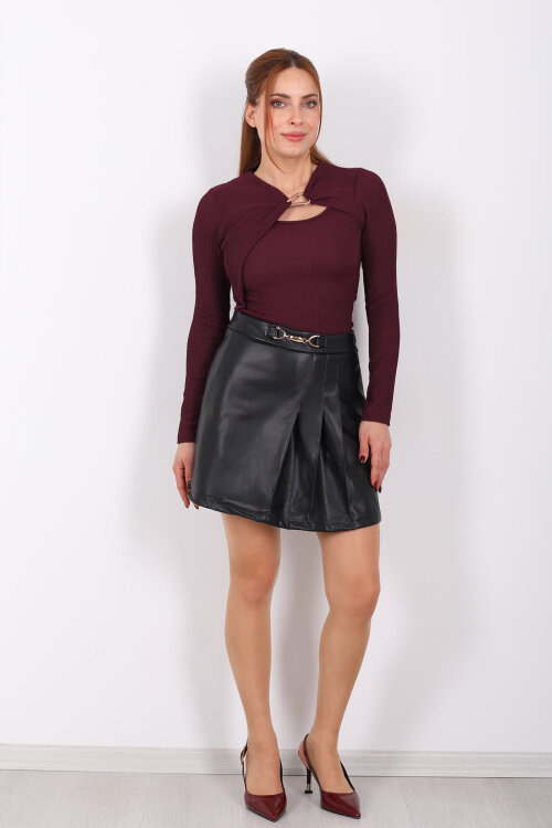 Kemer Aksesuarlı Deri Mini Siyah Kadın Şort Etek - 6