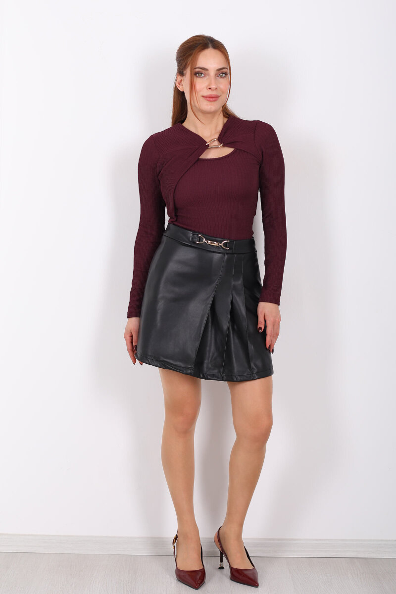 Kemer Aksesuarlı Deri Mini Siyah Kadın Şort Etek - 6