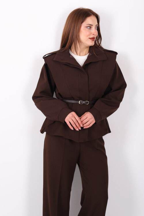 Kemer Detaylı Apoletli Acı Kahve Kadın Ceket - 3