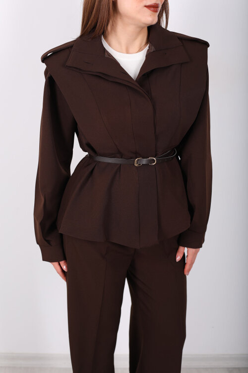 Kemer Detaylı Apoletli Acı Kahve Kadın Ceket - Berox (1)