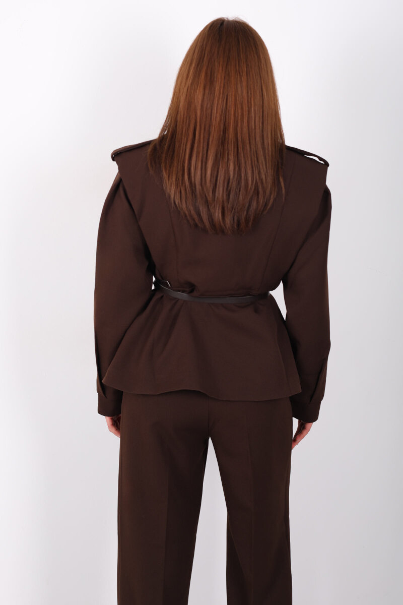 Kemer Detaylı Apoletli Acı Kahve Kadın Ceket - 5