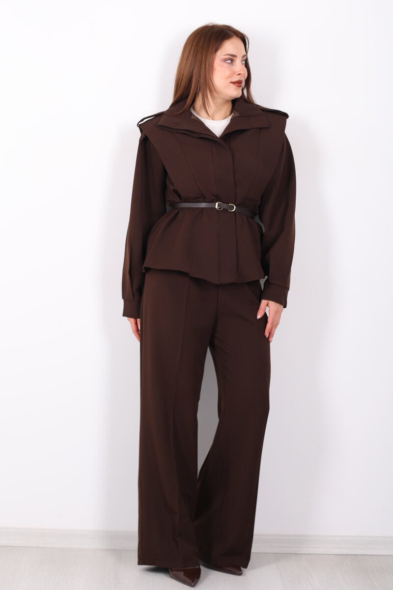 Kemer Detaylı Apoletli Acı Kahve Kadın Ceket - 7