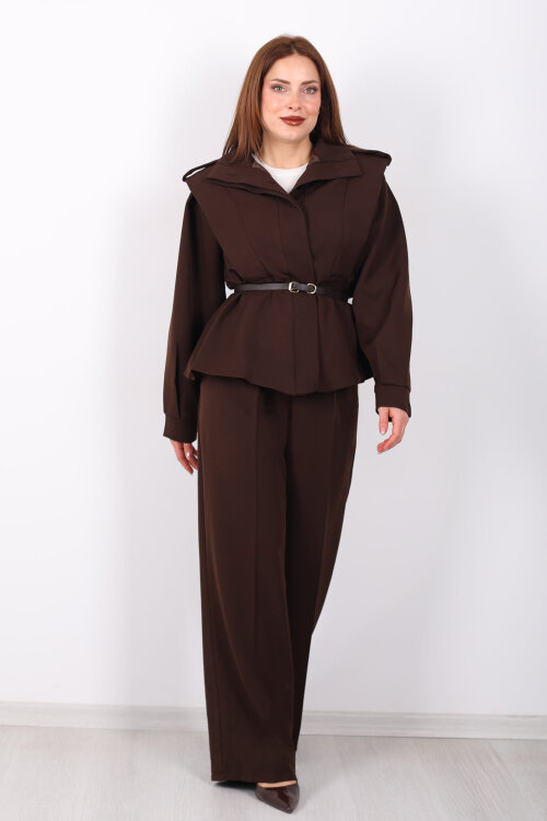 Kemer Detaylı Apoletli Acı Kahve Kadın Ceket - 4