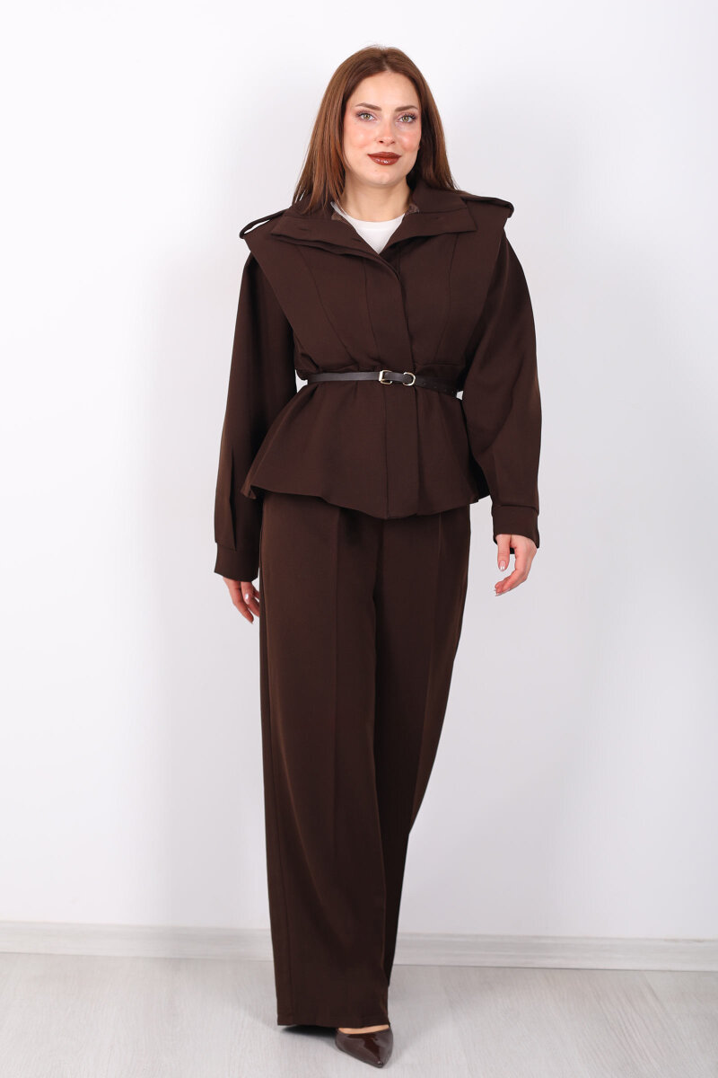 Kemer Detaylı Apoletli Acı Kahve Kadın Ceket - 4