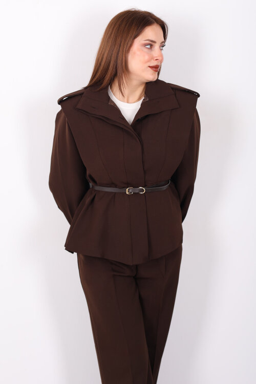 Kemer Detaylı Apoletli Acı Kahve Kadın Ceket - Berox