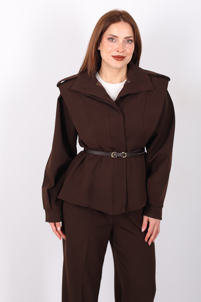 Kemer Detaylı Apoletli Acı Kahve Kadın Ceket - 6