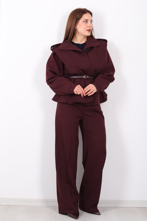 Kemer Detaylı Apoletli Bordo Kadın Ceket - 7