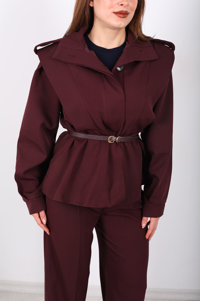Kemer Detaylı Apoletli Bordo Kadın Ceket - 2