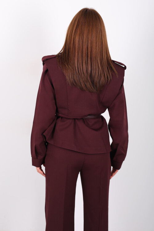 Kemer Detaylı Apoletli Bordo Kadın Ceket - 5