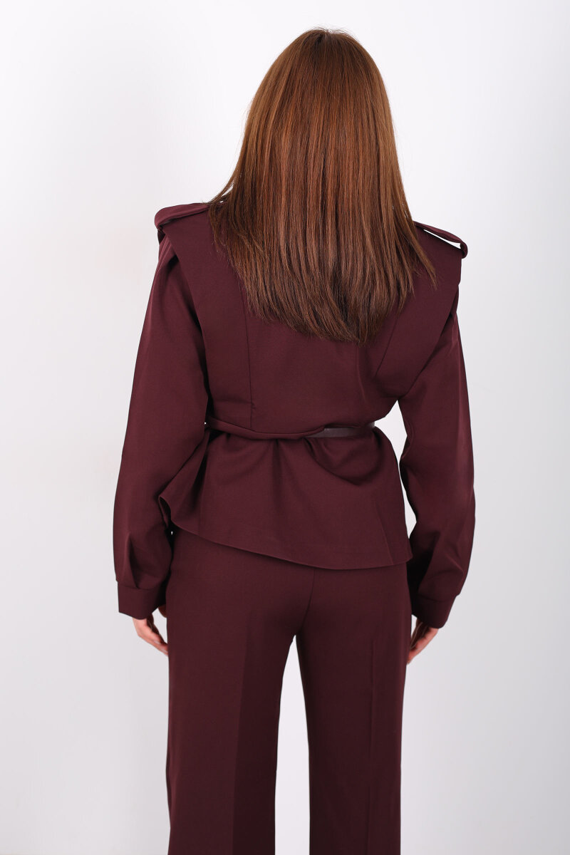 Kemer Detaylı Apoletli Bordo Kadın Ceket - 5