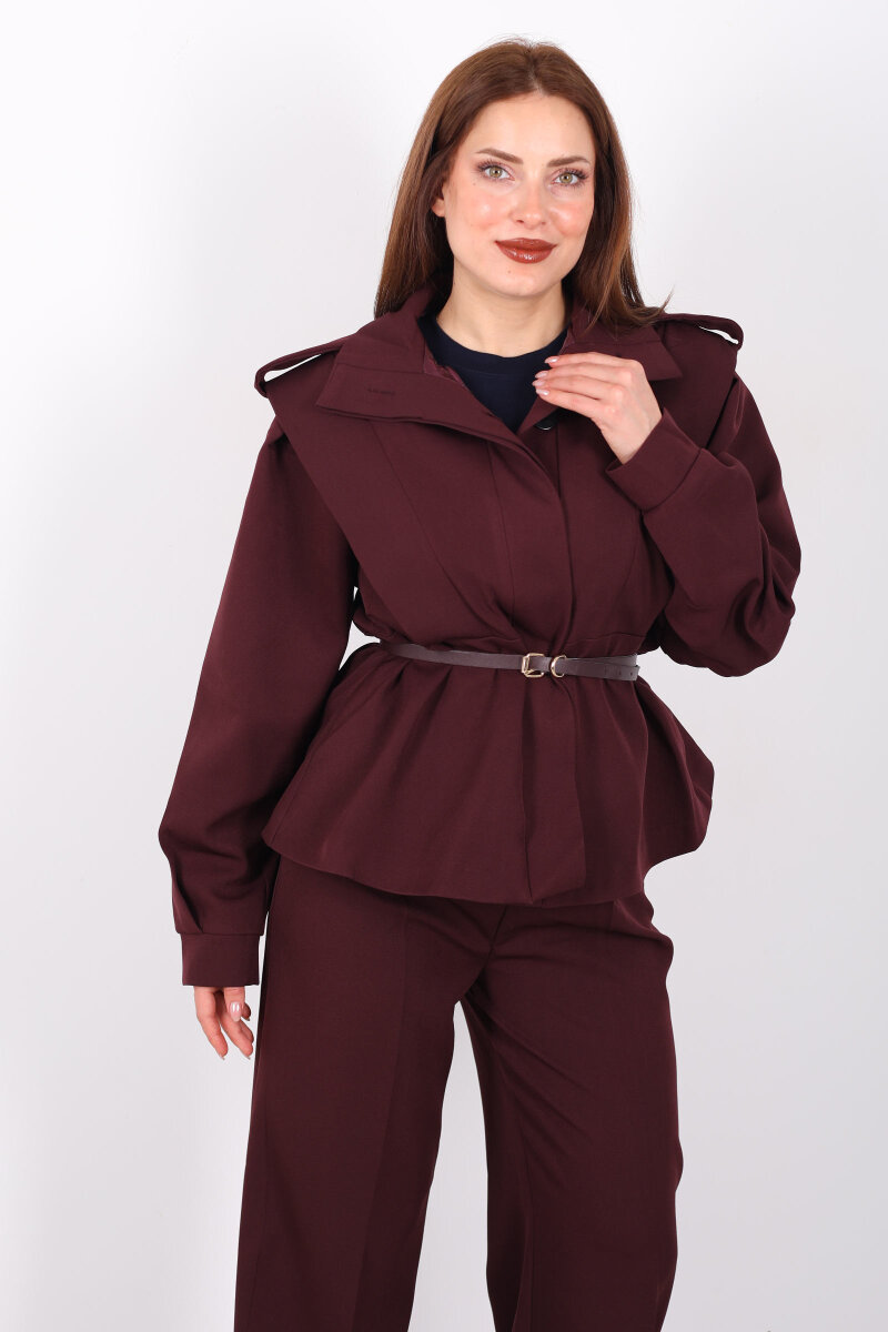 Kemer Detaylı Apoletli Bordo Kadın Ceket - 1