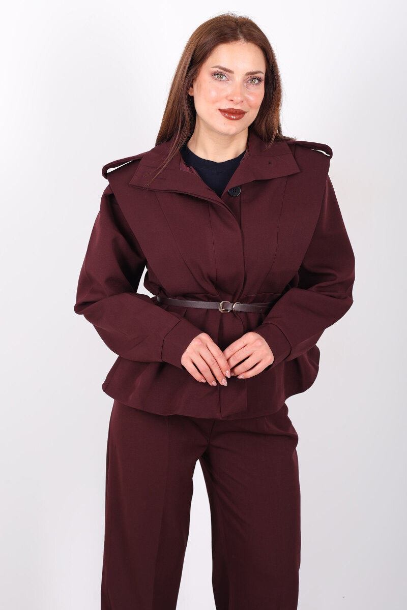 Kemer Detaylı Apoletli Bordo Kadın Ceket - 4