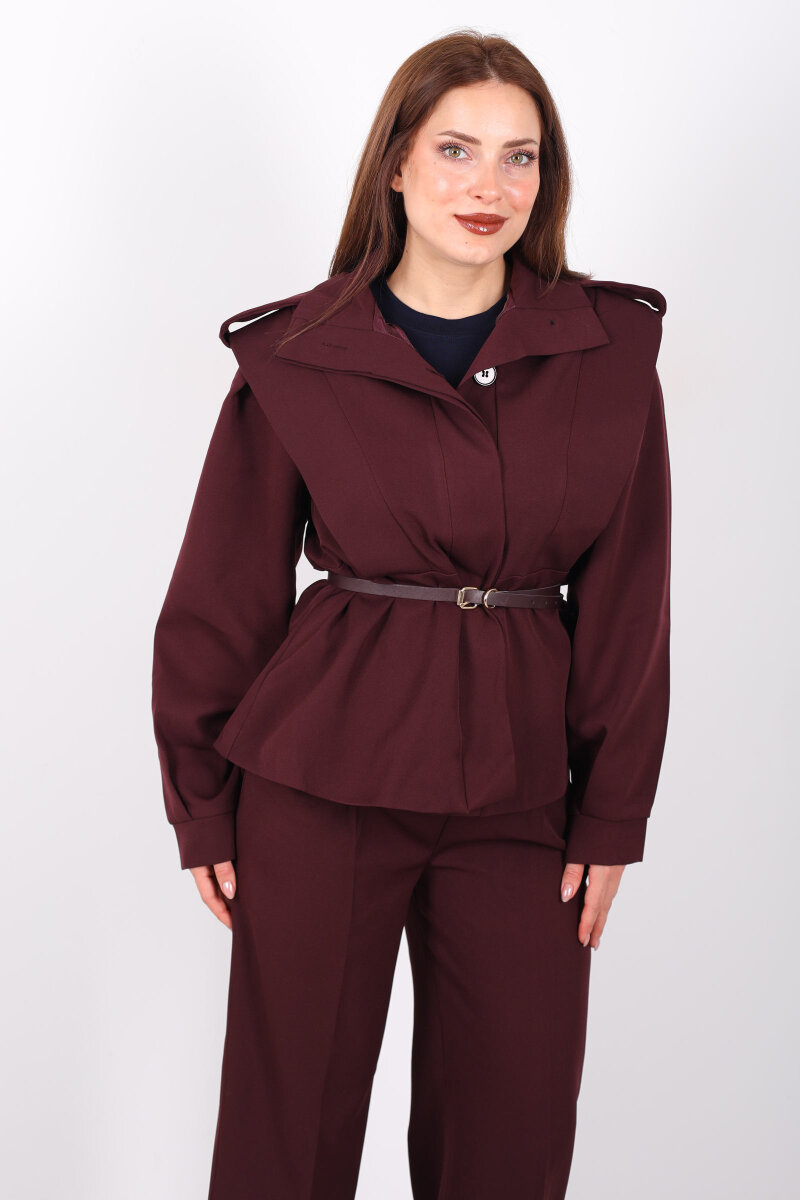 Kemer Detaylı Apoletli Bordo Kadın Ceket - 6