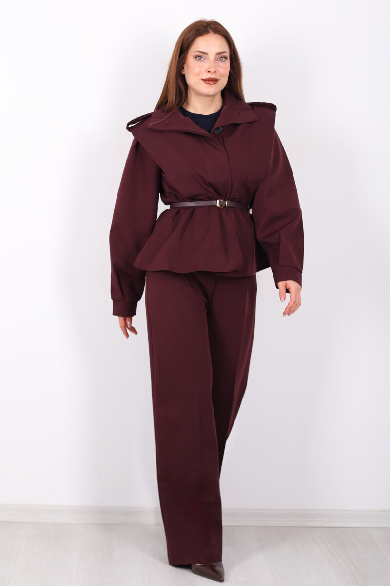 Kemer Detaylı Apoletli Bordo Kadın Ceket - 3