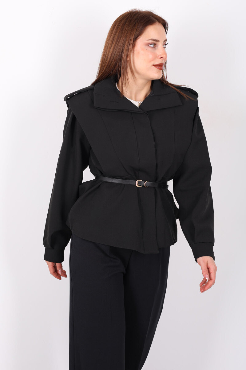 Kemer Detaylı Apoletli Siyah Kadın Ceket - 4