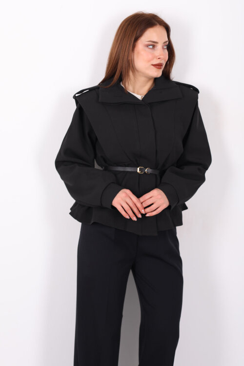 Kemer Detaylı Apoletli Siyah Kadın Ceket 