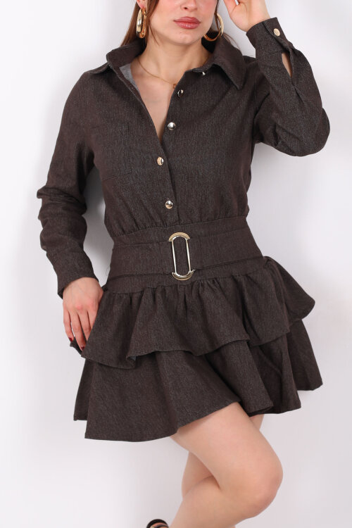 Kemer Detaylı Denim Fırfırlı Kahverengi Kadın Mini Elbise - Berox (1)